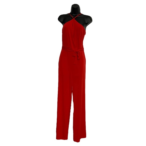 EXPRESS RED BELTED CRISS CROSS KEYHOLE TOP OPEN WIDE LEG JUMPSUIT - Picture 3 of 11